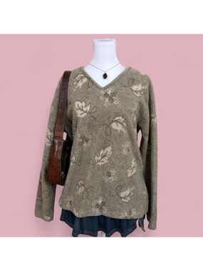 90s beige fall leaves whimsical granola cottagecore fleece sweater